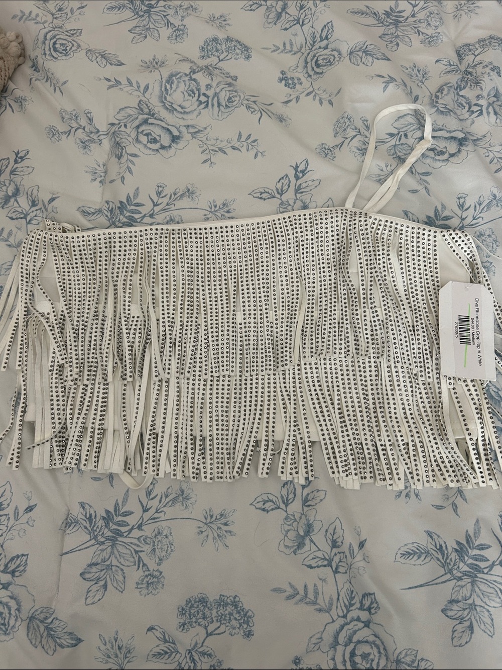 White Fringe Rhinestone Crop Top